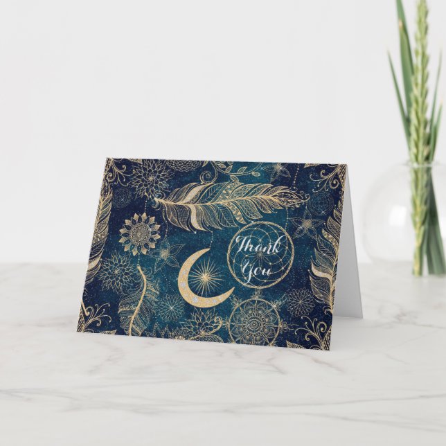 Whimsy Gold Glitter Dreamcatcher Feathers Mandala Holiday Card (Front)