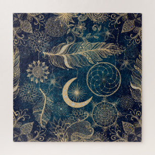 Whimsy Gold Glitter Dreamcatcher Feathers Mandala Jigsaw Puzzle