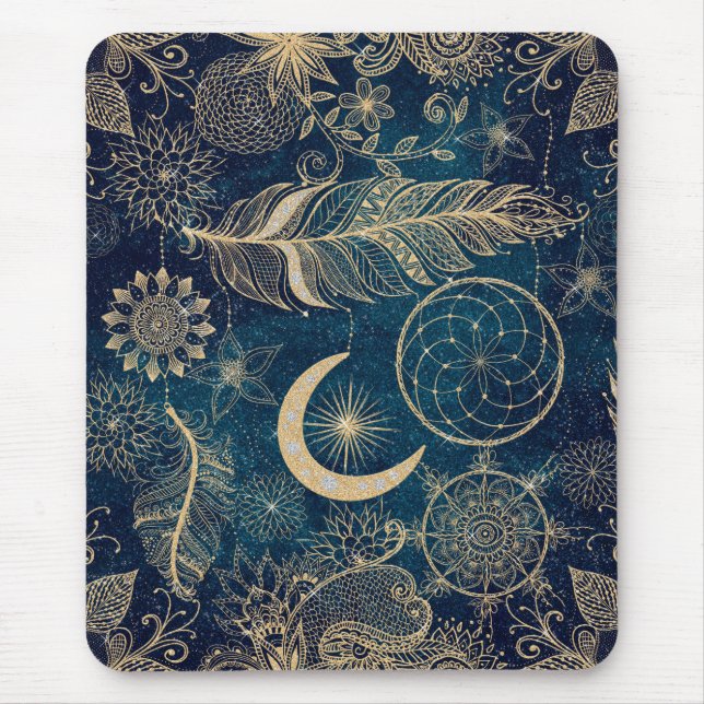 Whimsy Gold Glitter Dreamcatcher Feathers Mandala Mouse Pad (Front)