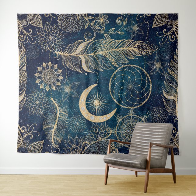 Whimsy Gold Glitter Dreamcatcher Feathers Mandala Tapestry (In Situ (Horizontal))