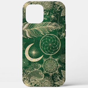 Whimsy Gold & Green Dreamcatcher Feathers Mandala iPhone 12 Pro Max Case