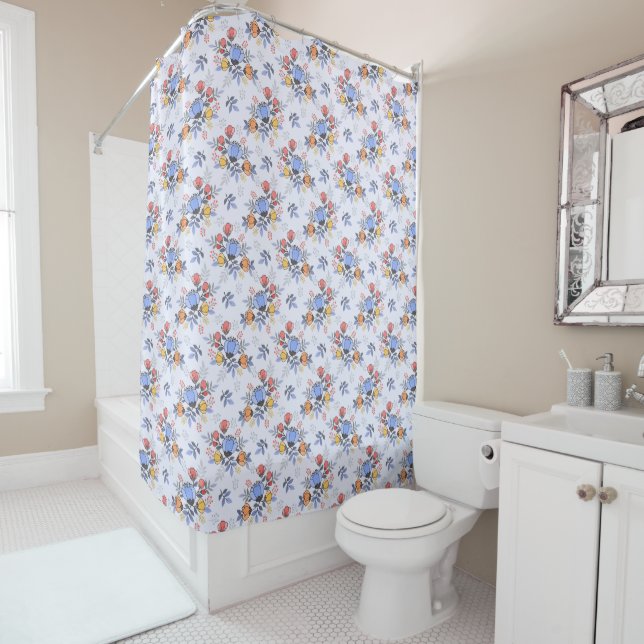 Whimsy Hand Drawn Flowers Shower Curtain (In Situ)