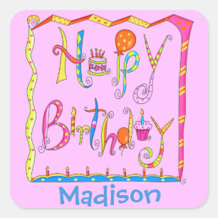 Whimsy Happy Birthday Name Personalized Pink Square Sticker