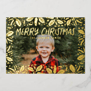 Whimsy Holly Border Photo Christmas Foil Holiday Card