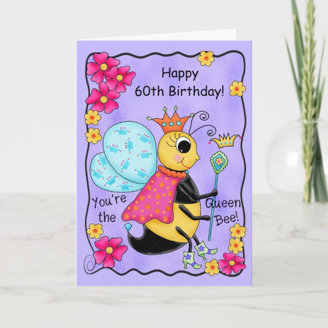 Whimsy Honey Queen Bee Happy 60th Birthday Card (Front)