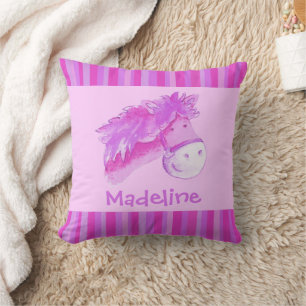 Whimsy horse pink purple bright stripe custom name throw pillow