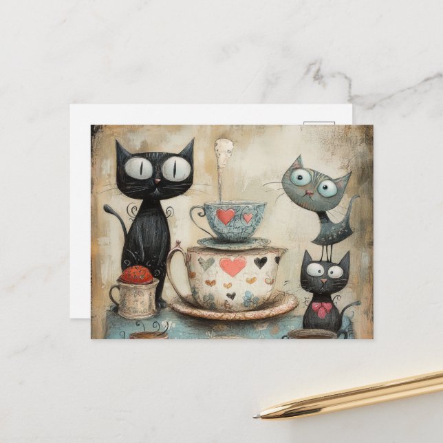 Whimsy Kitty Tea Time Postcard (Front/Back In Situ)