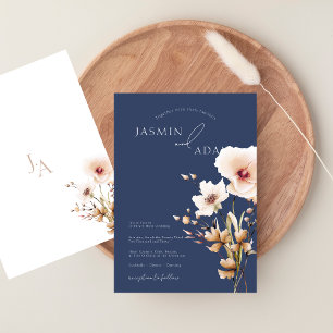 Whimsy Navy Blue Pink Wildflowers Floral Wedding Invitation