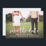 Whimsy Photo Save the Date Announcement<br><div class="desc">Whimsical and stylish save the date announcement with photo featuring white modern calligraphy script and striped patterned back</div>