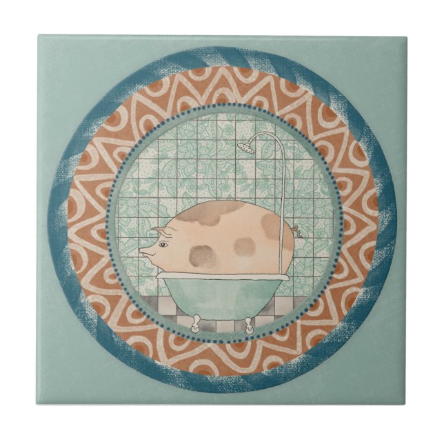 Whimsy Pig Mint Blue Terracotta Aqua Teal Tile (Front)