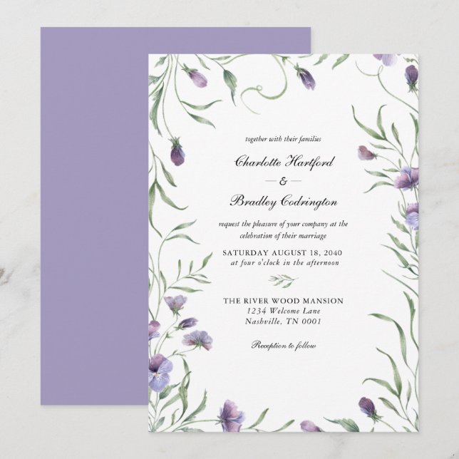Whimsy Purple Floral Wedding  Invitation (Front/Back)
