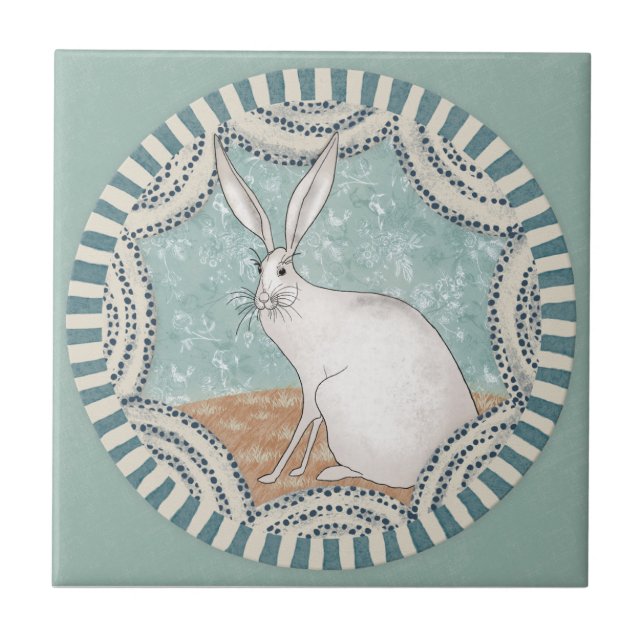 Whimsy Rabbit Mint Blue Terracotta Teal Aqua Tile (Front)