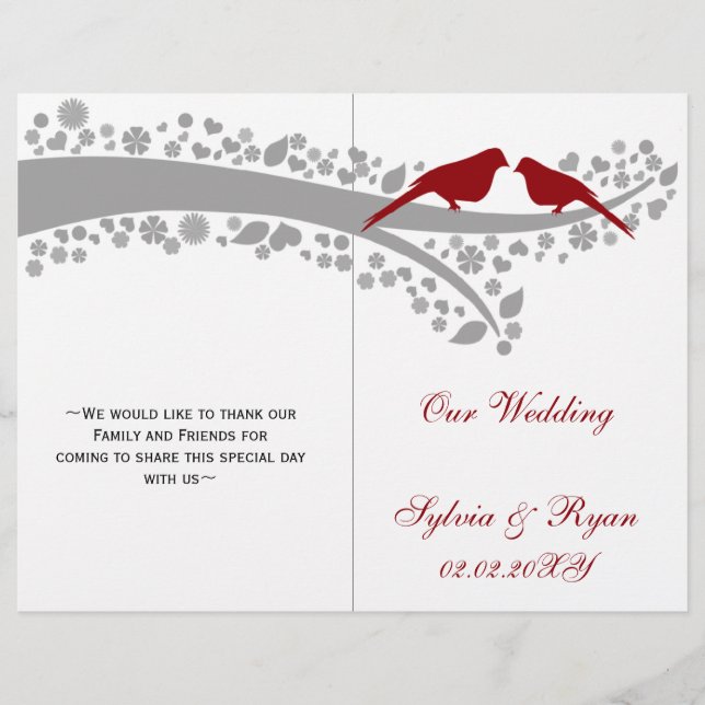 whimsy red lovebirds  folded Wedding program (Front)