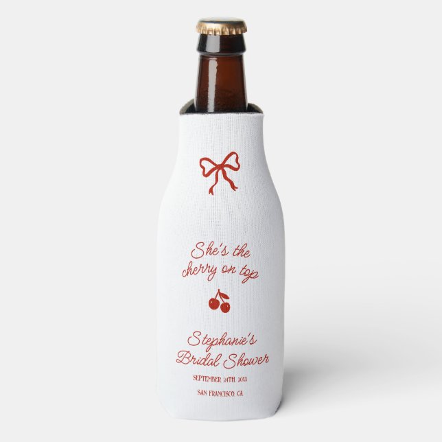 Whimsy Red She's the Cherry on Top Bridal Shower Bottle Cooler (Bottle Front)