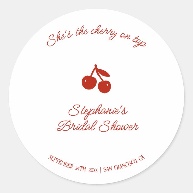 Whimsy Red She's the Cherry on Top Bridal Shower Classic Round Sticker (Front)