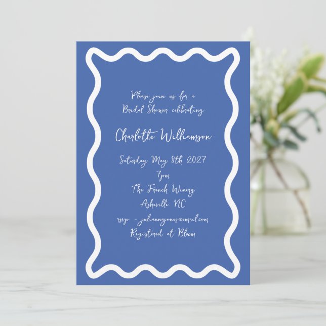Whimsy Script Blue Scribble Border Bridal Shower Invitation (Standing Front)