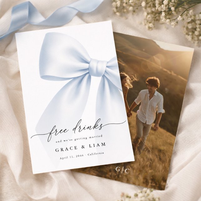 Whimsy Script Bow Free Drinks Wedding Photo Save The Date (Creator Uploaded)