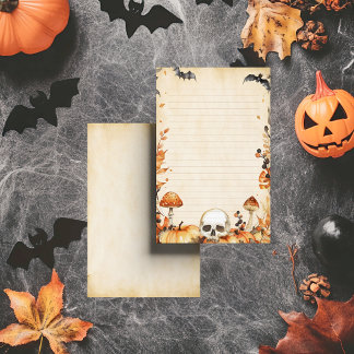Whimsy Skull and Mushroom Rustic Halloween Lined Stationery