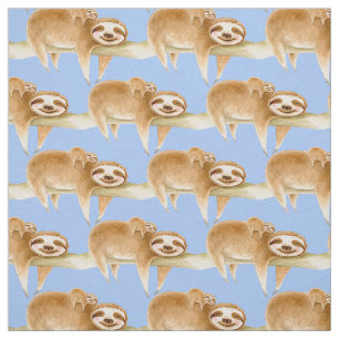Whimsy sloth and cute baby watercolor painting fabric