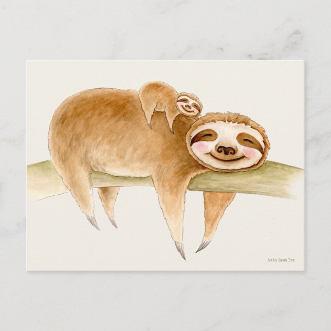 Whimsy sloth and cute baby watercolor painting postcard (Front)