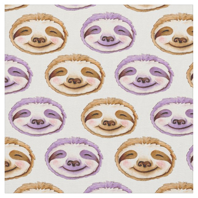 Whimsy sloth face brown purple watercolor pattern fabric (Close Up)