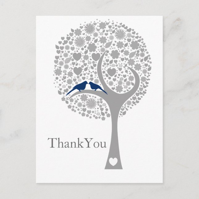 whimsy tree navy blue lovebirds wedding Thank You Postcard (Front)