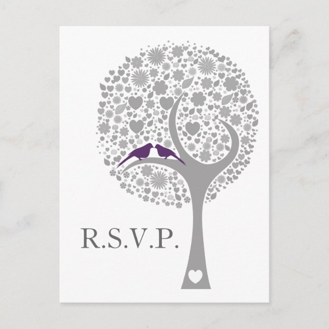 whimsy tree purple lovebirds mod wedding rsvp invitation postcard (Front)