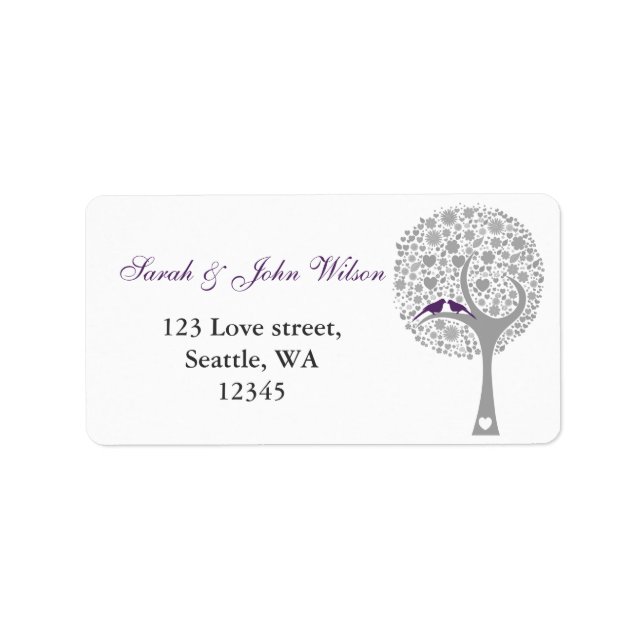whimsy tree purple lovebirds return address label (Front)