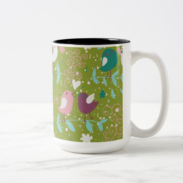 Whimsy Tweety Birds on Vines Two-Tone Coffee Mug (Right)