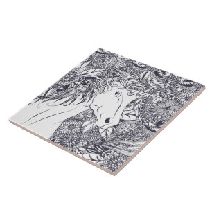 Whimsy unicorn and floral mandala design tile