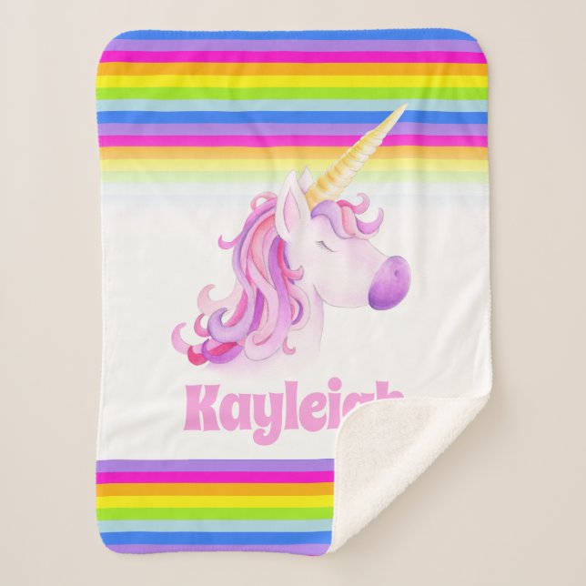 Whimsy unicorn rainbow kids custom name sherpa blanket (Front)