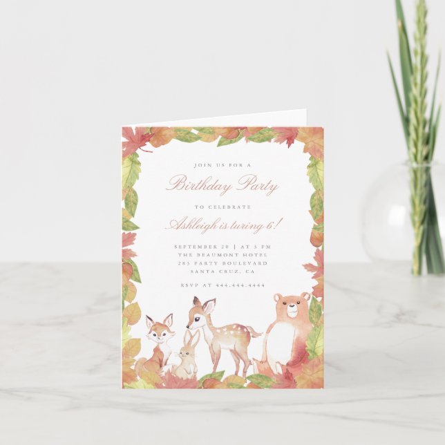 Whimsy Watercolor Fall Woodland Animals Birthday Invitation (Front)