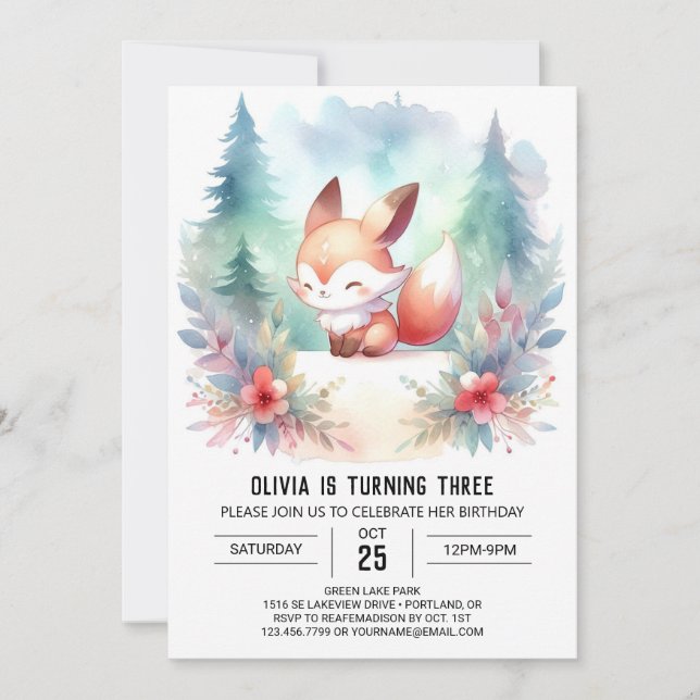  Whimsy Woodland Fox Birthday digital  Invitation (Front)