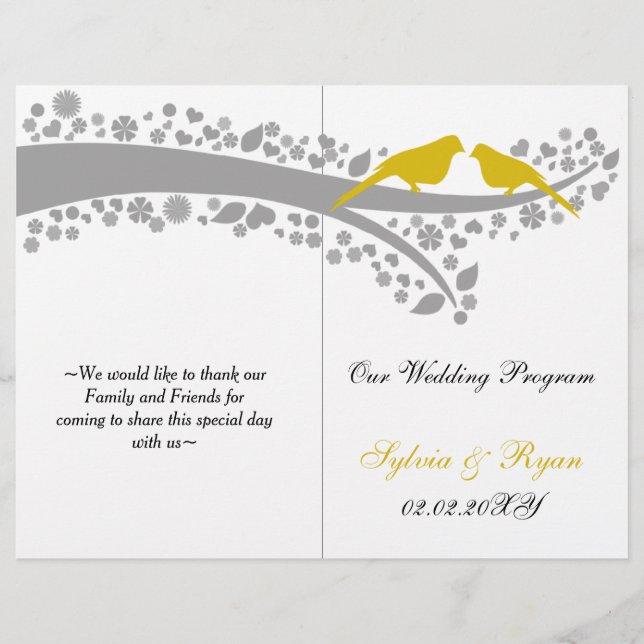 whimsy yellow lovebirds  folded Wedding program (Front)
