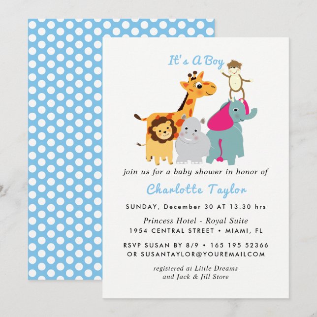 Whimsy Zoo Animals Cute Boys Baby Shower Invite (Front/Back)