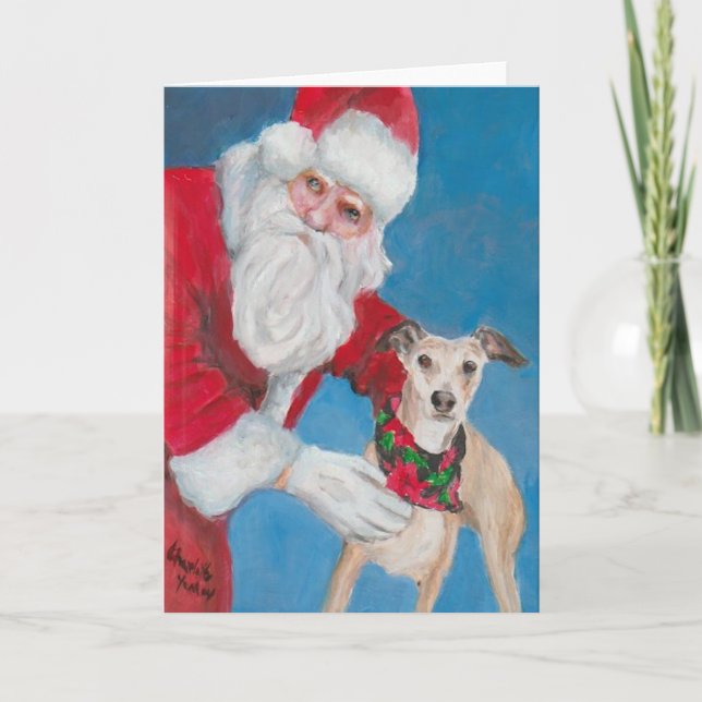 Whippet and Santa Dog Art Christmas Greeting Card  (Front)