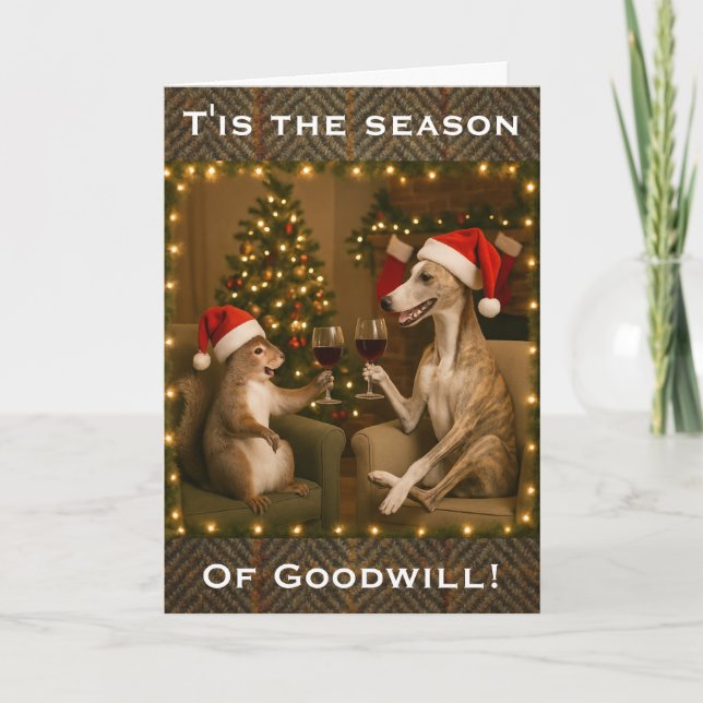 Whippet and Squirrel Christmas greetings card (Front)