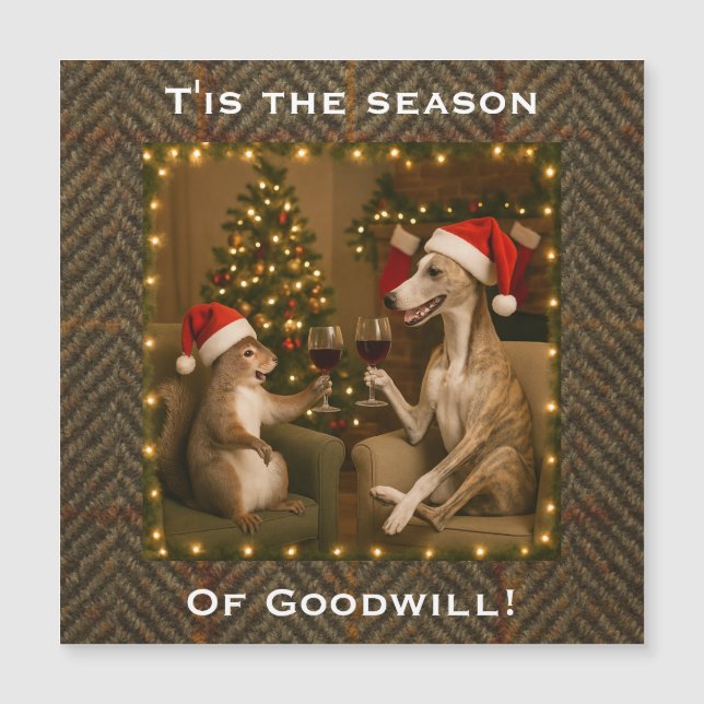 Whippet and Squirrel Christmas magnetic card (Front)