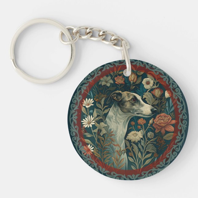 Whippet Brindle and White William Morris Floral Keychain (Front)