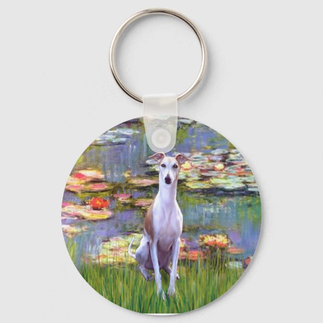 Whippet (brown-white) - Lilies 2 Keychain (Front)