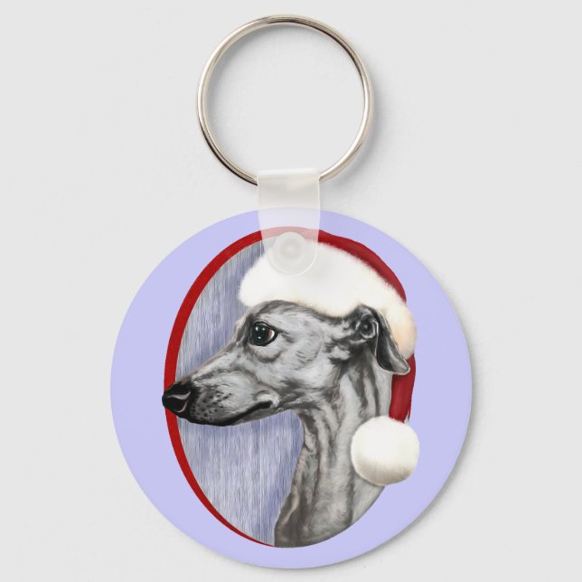 Whippet Christmas Black Santa Keychain (Front)