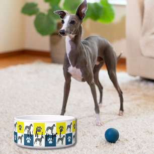 Whippet Dog & Paw Yellow & Blue Grid Dog Bowl