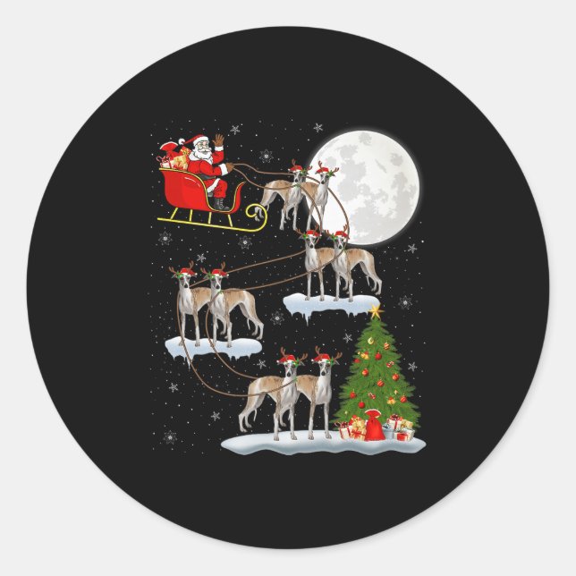 Whippet Dog Santa Sleigh Flying Funny Magical Chri Classic Round Sticker (Front)