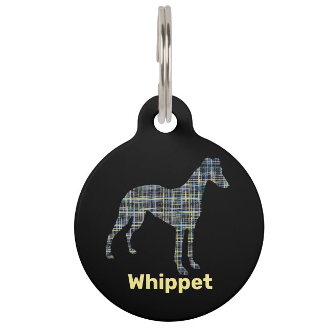 Whippet Dog Silhouette Yellow & Black Grid Pet Tag (Front)
