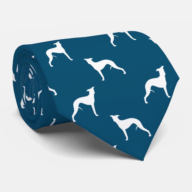 Whippet Dog Silhouettes Pattern Blue and White Tie (Rolled)