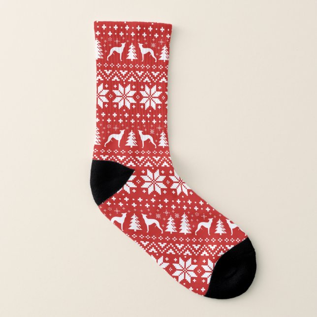 Whippet Dog Silhouettes Red Christmas Pattern Socks (Left Inside)