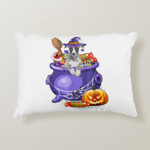 Whippet Dog with witch hat Candy Pumpkin Halloween Accent Pillow