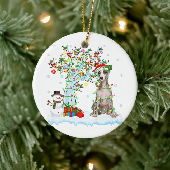 Whippet Dog Xmas Tree Lighting | Santa Hat Gift Ceramic Ornament (Tree)