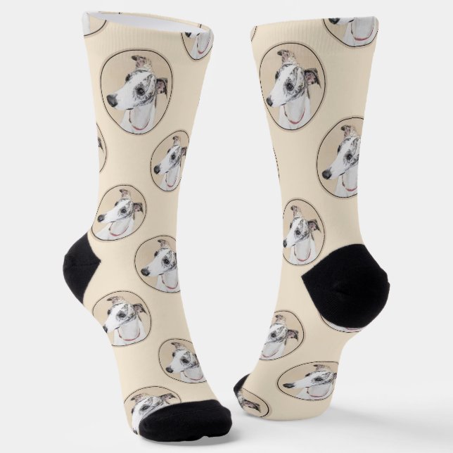 Whippet Painting Brindle White Original Dog Art Socks (Angled)