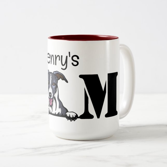 Whippet Peeking Personalized Mom Two-Tone Coffee Mug (Front Right)